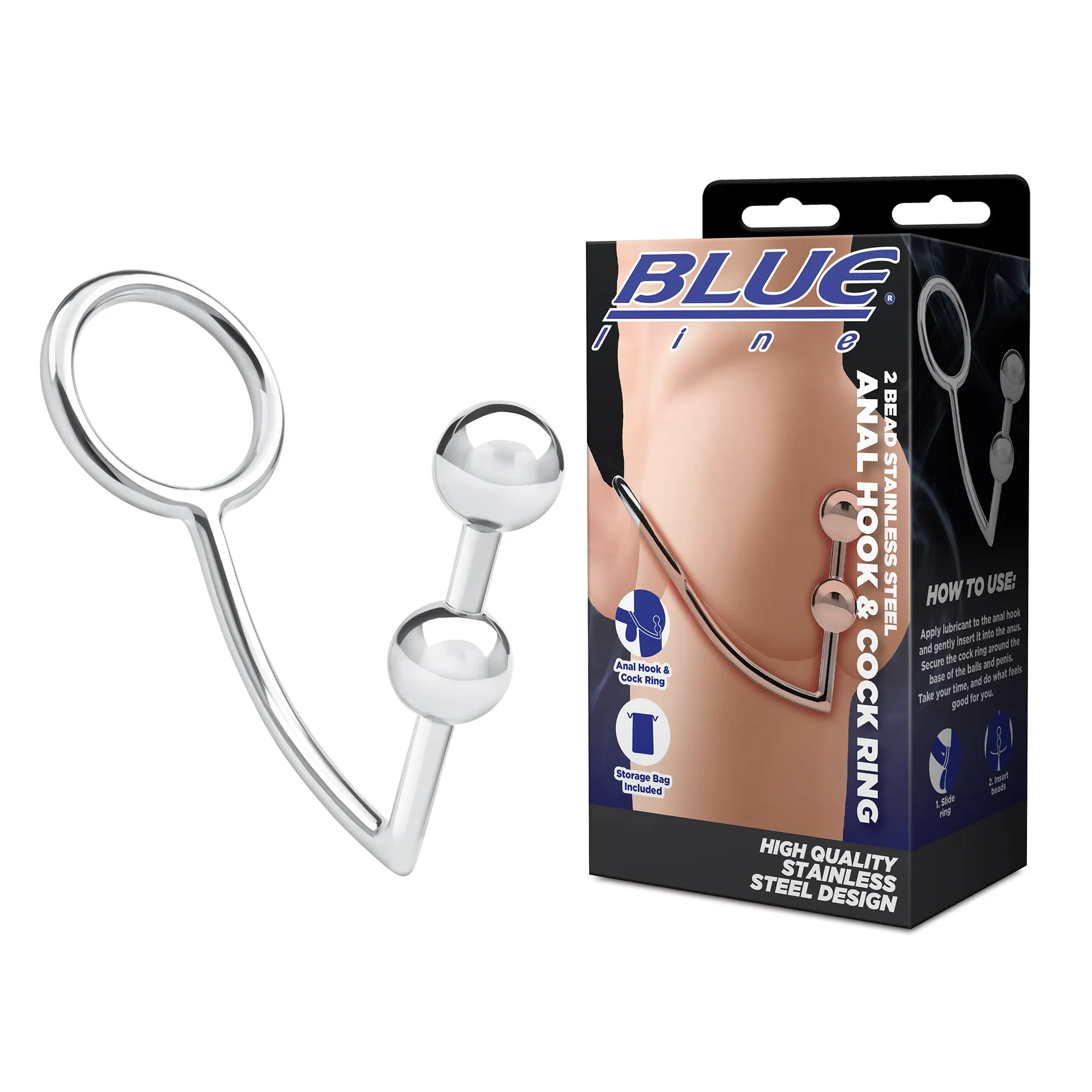 2 Bead Stainless Steel Anal Hook & Cock Ring (45mm)