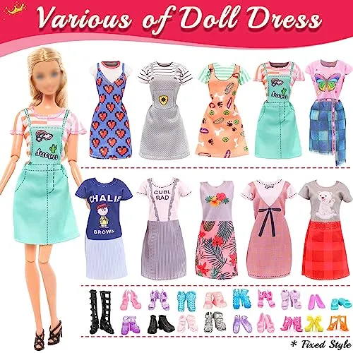 20 Pcs Doll Clothes and Accessories for Doll, 11.5 Inch Doll Outfit Collection Including 10 Fashion Dress Set 10 Pairs Shoes(Random Style), for Girls Birthday Gifts