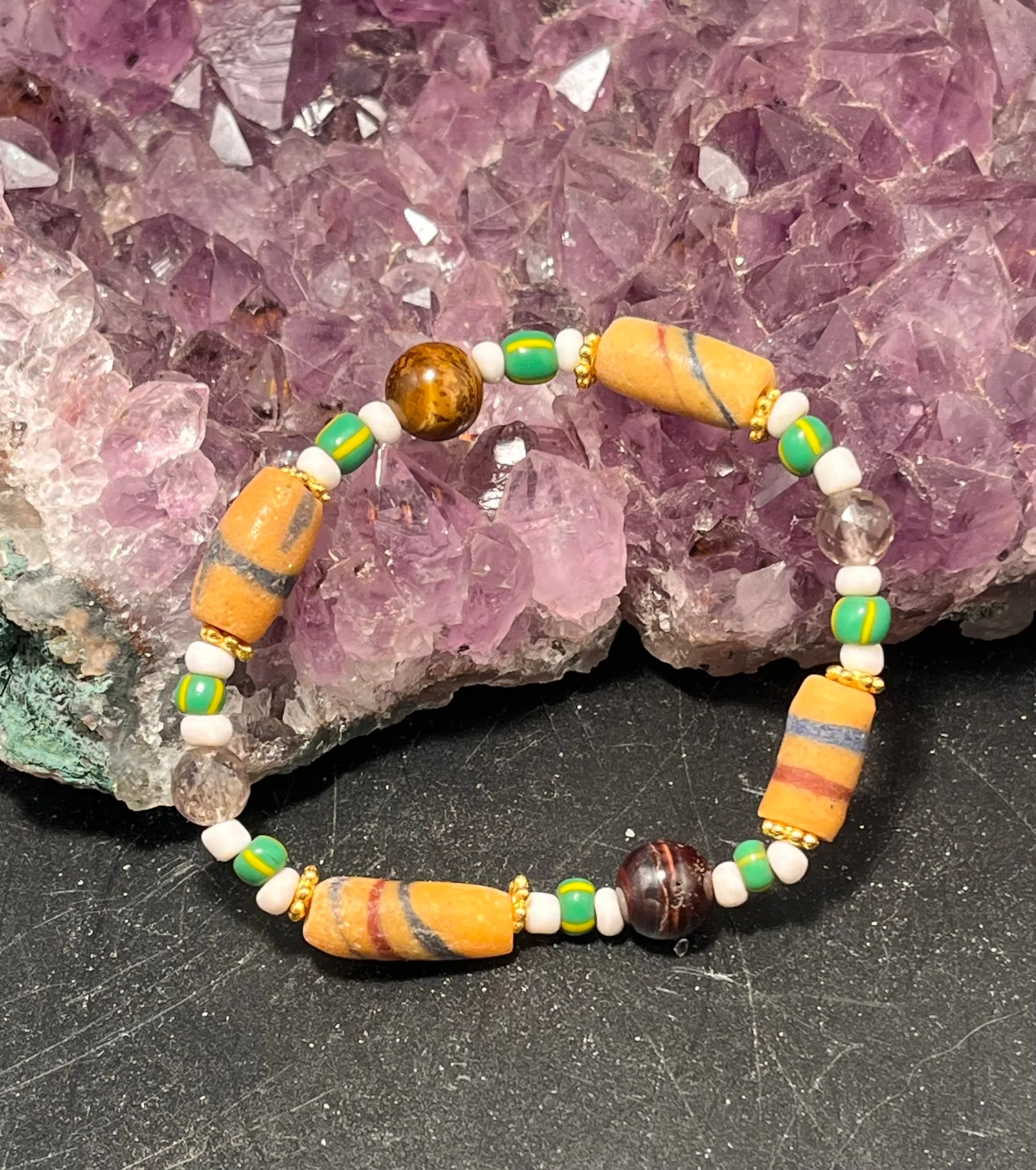 African Beads, Smoky Quartz and Tigers Eye Stretchy Bracelet