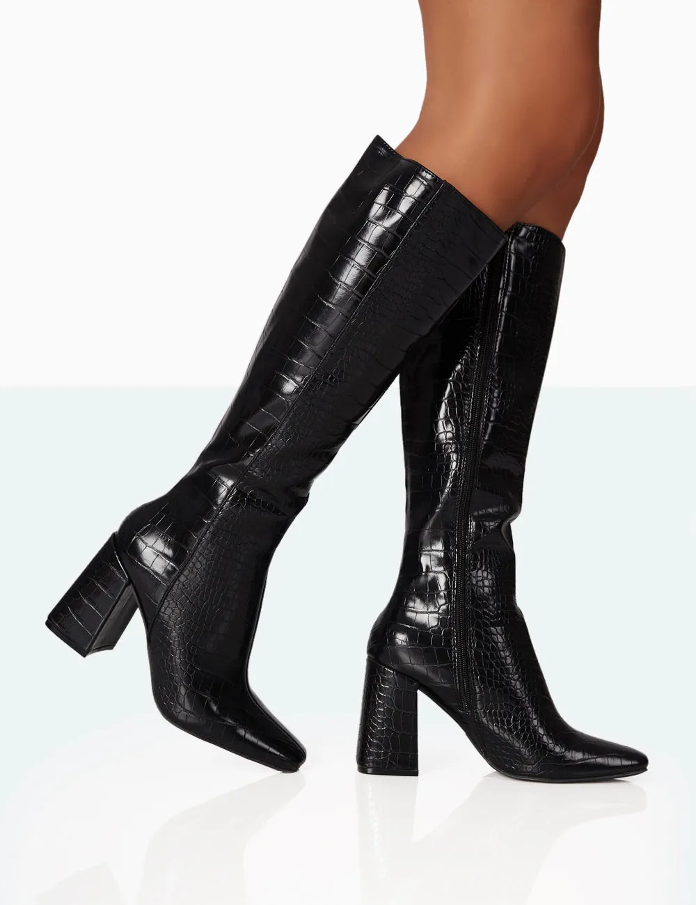 Apology Black Patent Croc Knee High Block Heel Boots