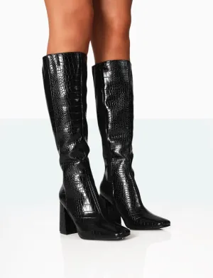 Apology Black Patent Croc Knee High Block Heel Boots