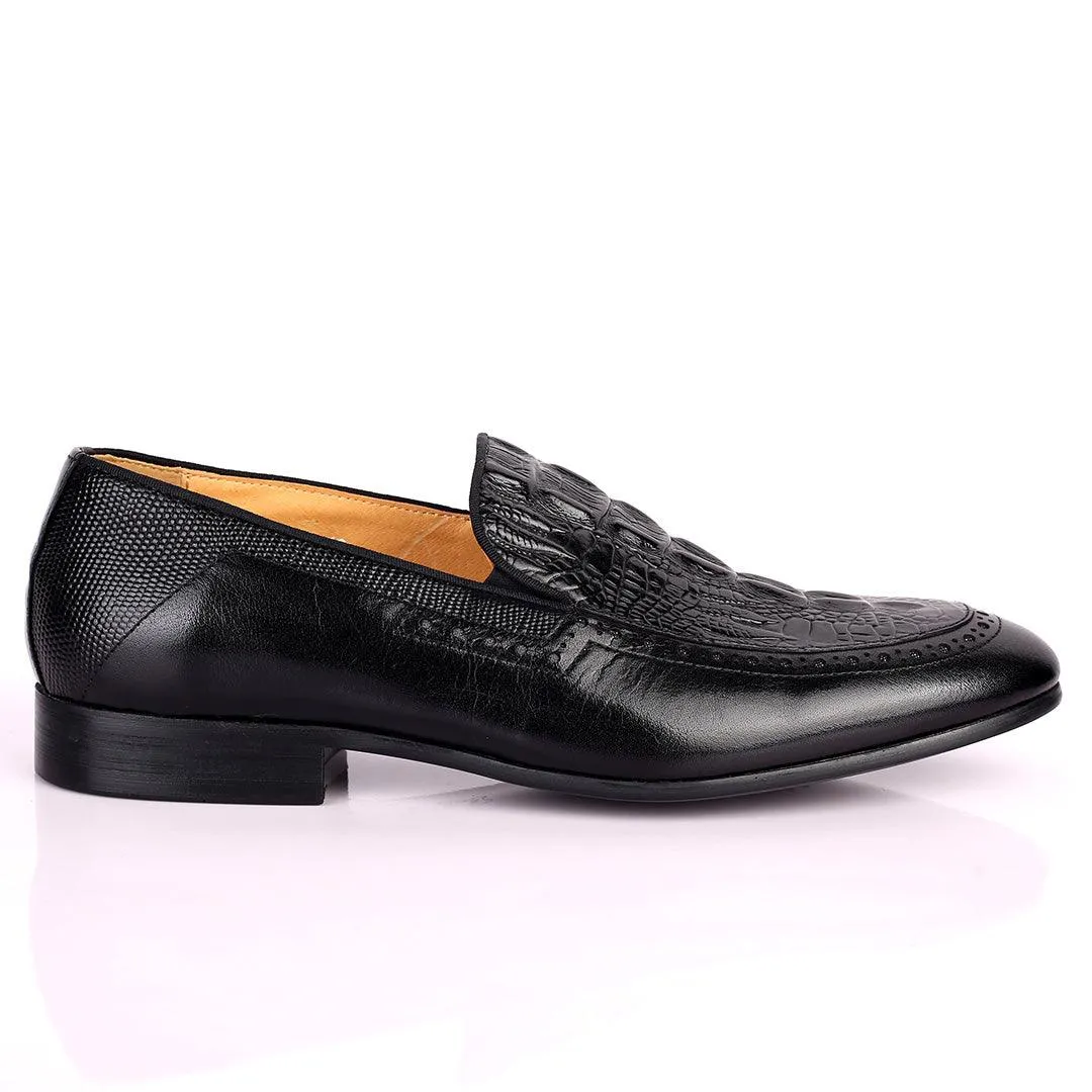 Berlut Croc And SIde Perforated Exquisite Designed Shoe - Black