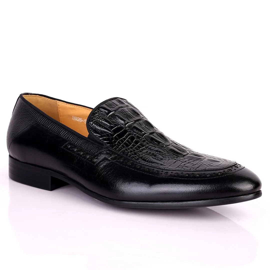 Berlut Croc And SIde Perforated Exquisite Designed Shoe - Black