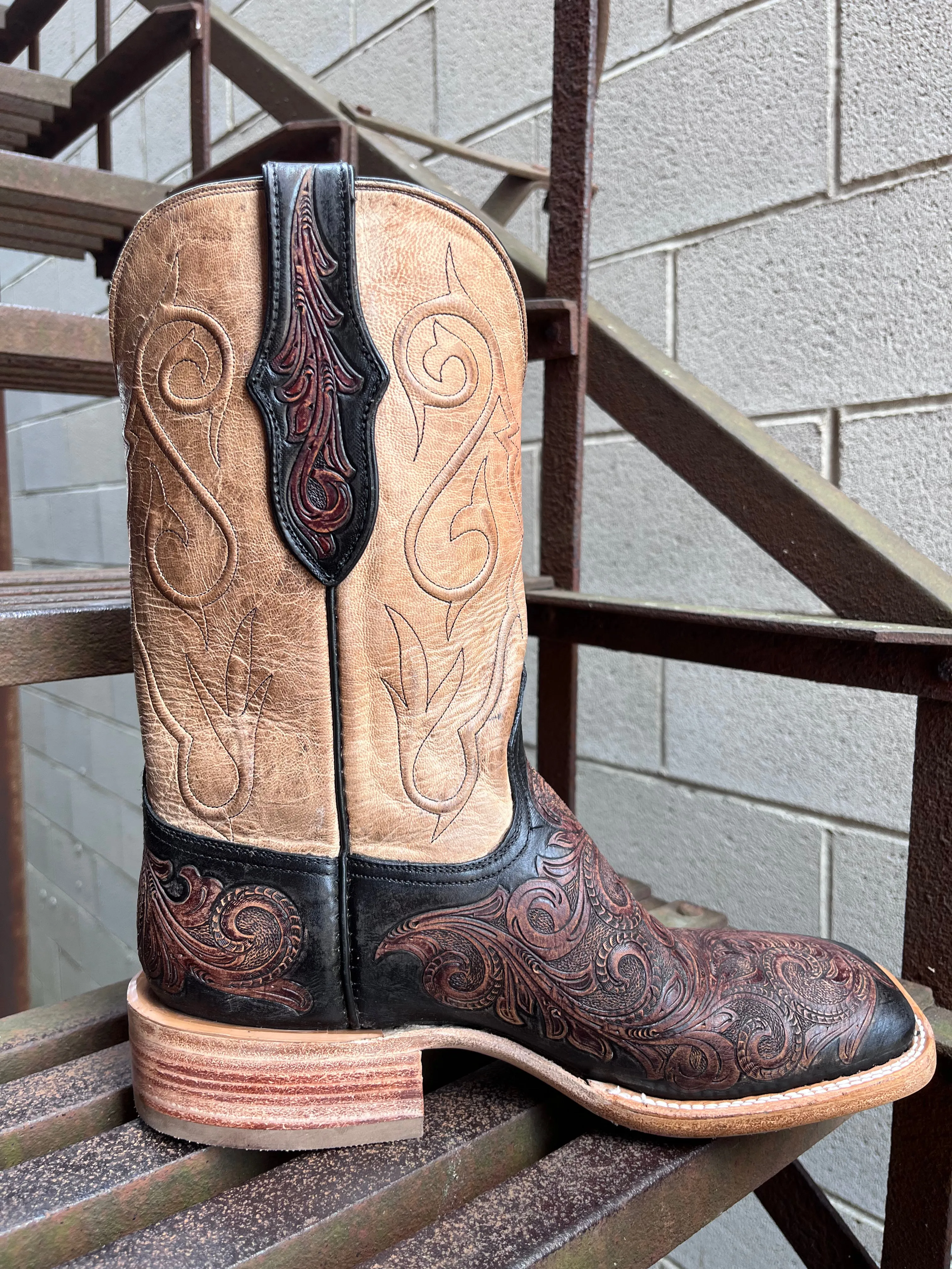 Black Jack Men's Chocolate Tandy Black Hand-Tooled & Goat Pearl Maddog Square Toe Cowboy Boots HT313-96