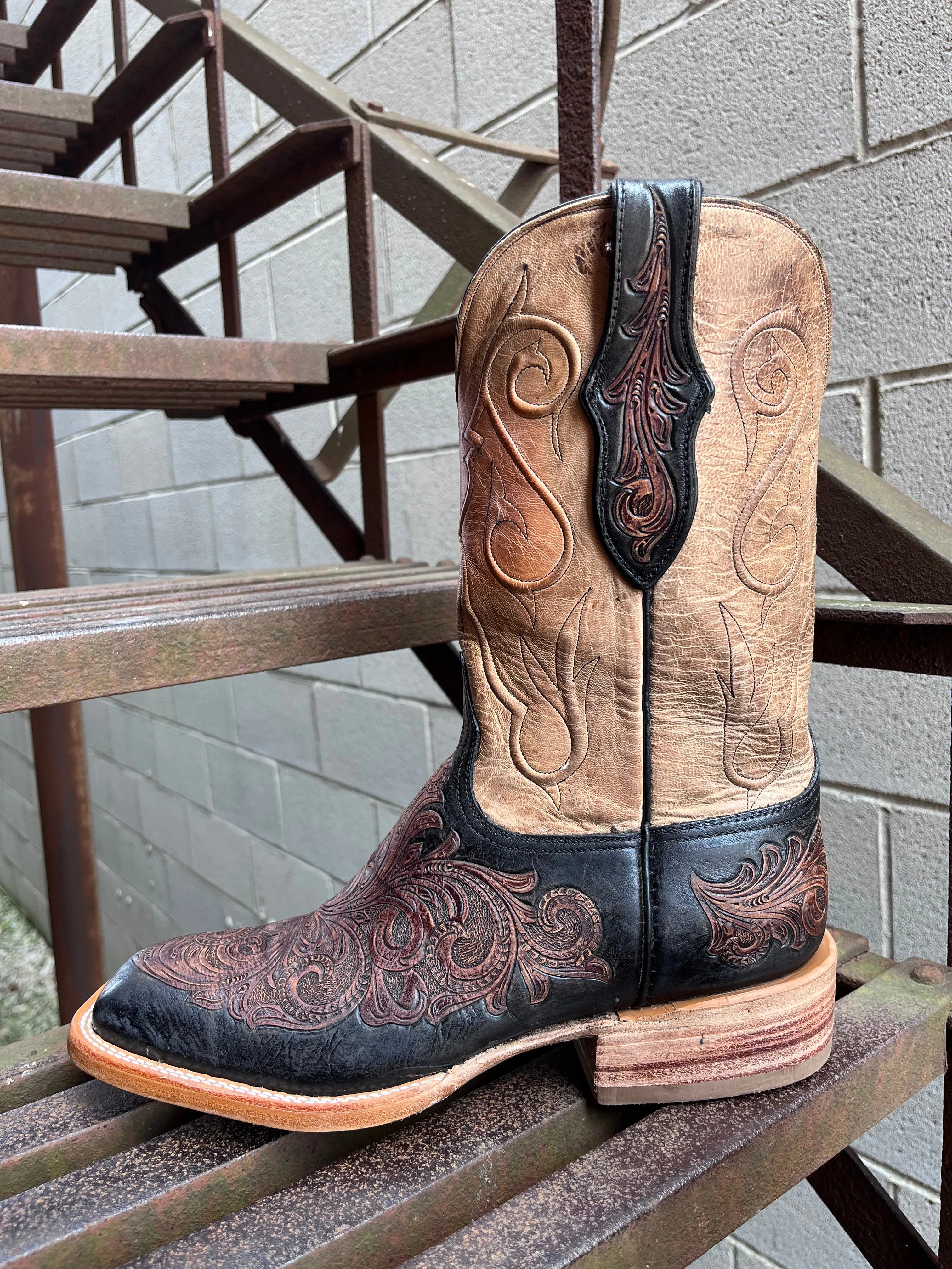 Black Jack Men's Chocolate Tandy Black Hand-Tooled & Goat Pearl Maddog Square Toe Cowboy Boots HT313-96