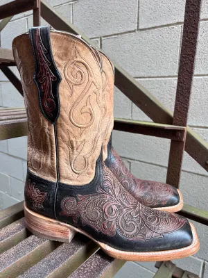 Black Jack Men's Chocolate Tandy Black Hand-Tooled & Goat Pearl Maddog Square Toe Cowboy Boots HT313-96