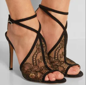 Black Lace Cutout Buckle Peep Toe Sandals