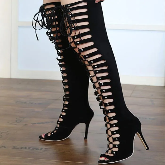 Black Lace Up Cutout Over knee Sandals