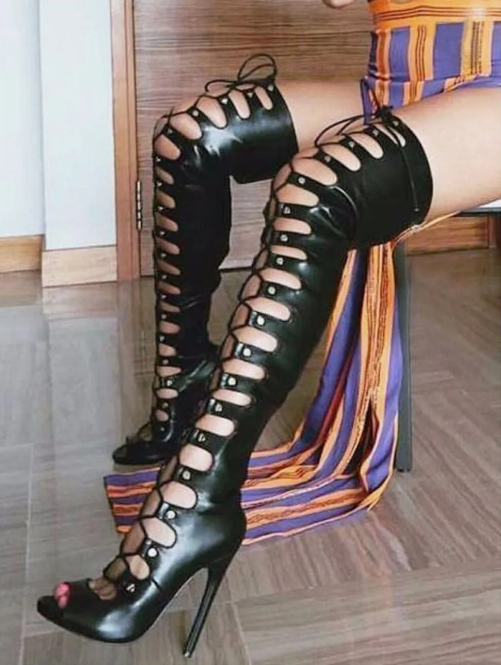 Black Lace Up Cutout Over knee Sandals