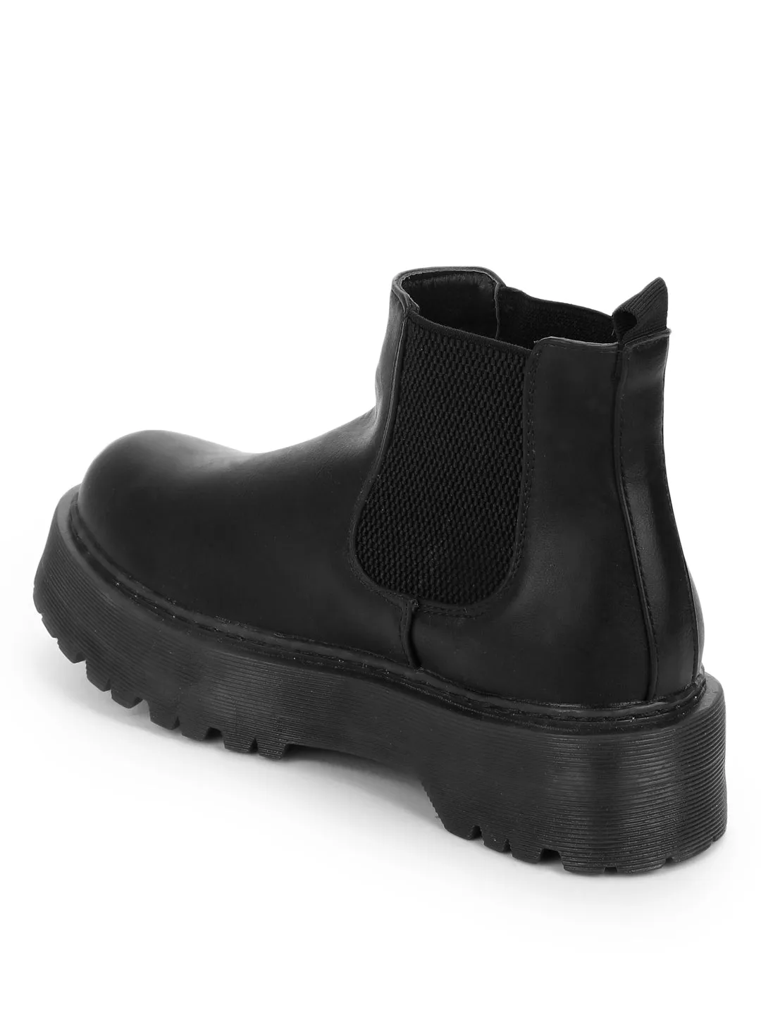 Black PU Elastic Slip-On Ankle Boots