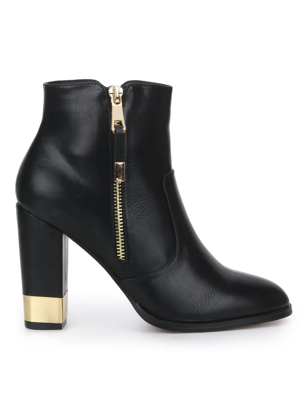 Black PU Golden Heel Zipper Ankle Boots