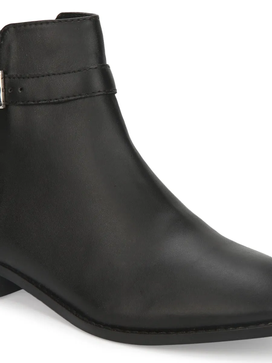 Black PU Side Buckle Low Ankle Boots