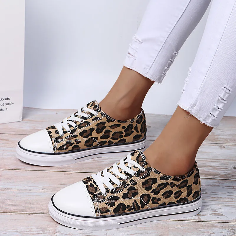 Color-Block  Thick-Soled Leopard Print  Lace-up Casual Sneakers