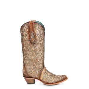 Corral Womens Glitter Overlay Triad Snip Toe Sand Cowhide 13.5in Cowboy Boots