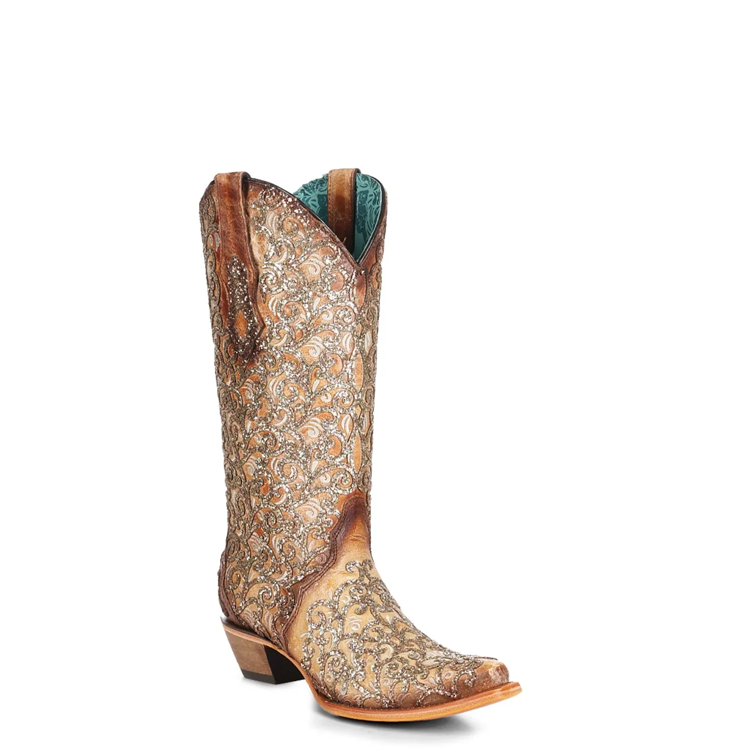 Corral Womens Glitter Overlay Triad Snip Toe Sand Cowhide 13.5in Cowboy Boots