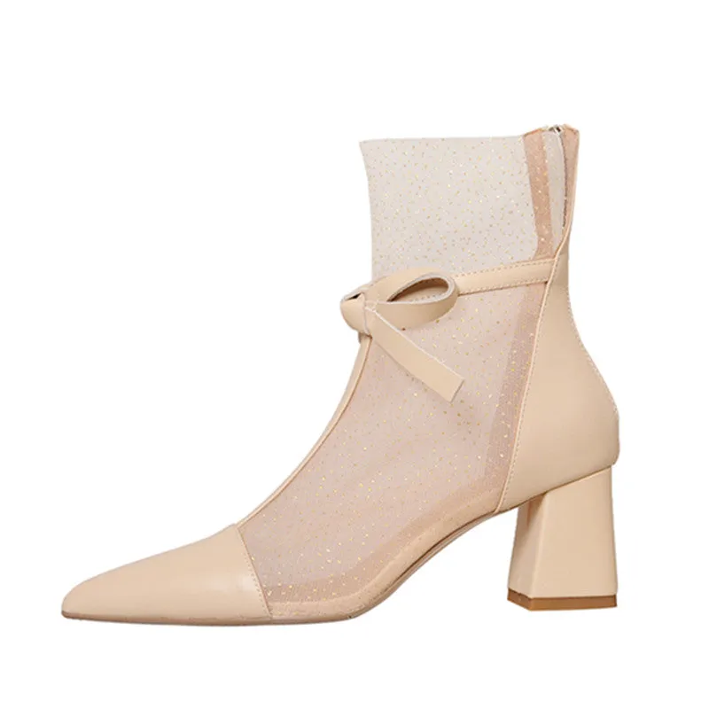 Dianna Chunky Heel Mesh Ankle Boots with Bow