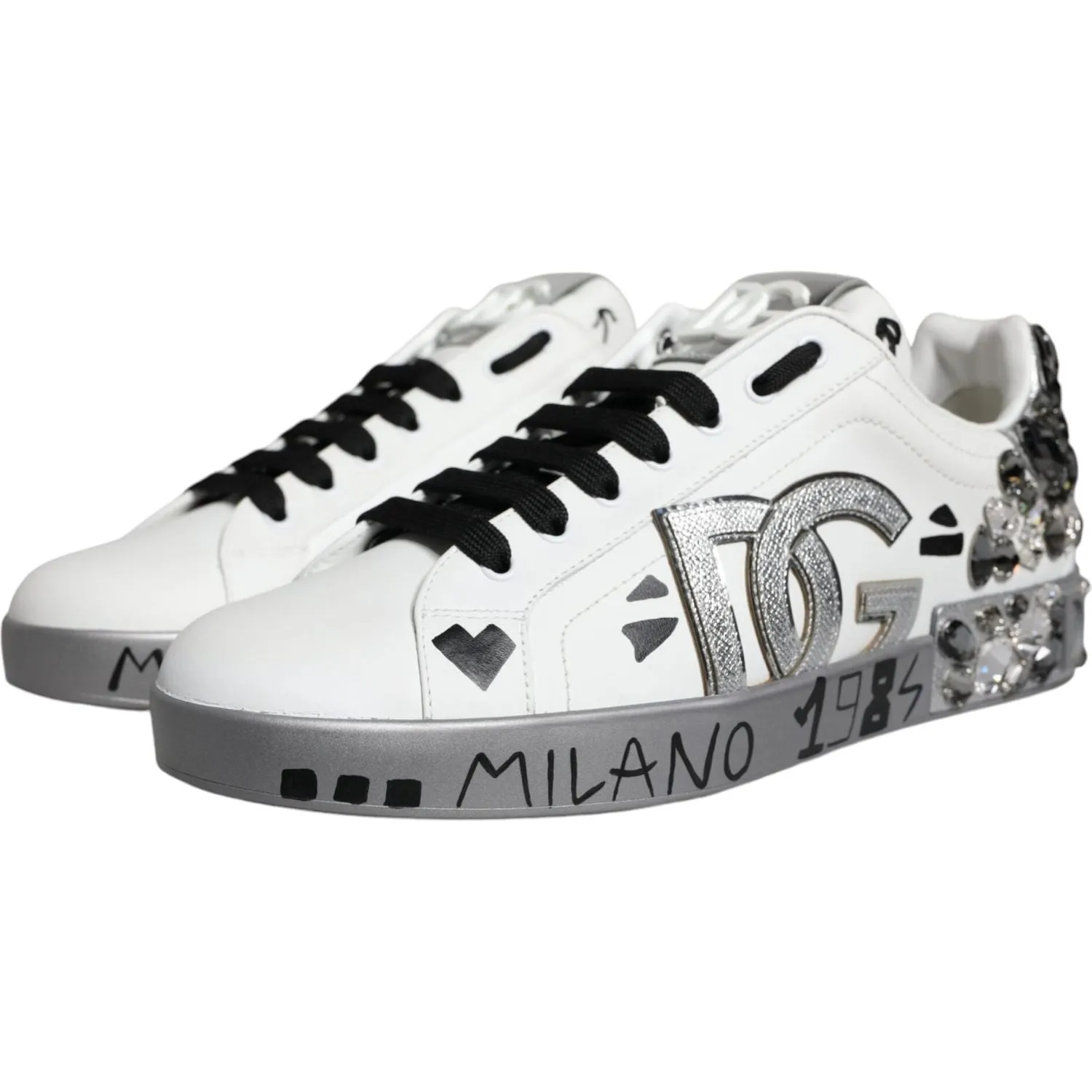 Dolce & Gabbana White Silver Crystal Logo Portofino Sneakers Shoes