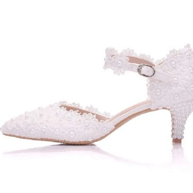 Elegant Lace Pearl Pointed Princess Shoes for Women - Size 41 (White, 5.5 cm Heel)