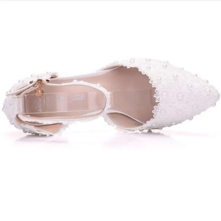 Elegant Lace Pearl Pointed Princess Shoes for Women - Size 41 (White, 5.5 cm Heel)