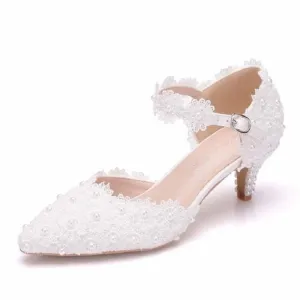 Elegant Lace Pearl Pointed Princess Shoes for Women - Size 41 (White, 5.5 cm Heel)