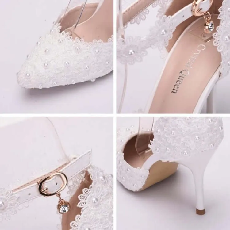 Elegant Lace Pearl Pointed Princess Shoes for Women - Size 41 (White, 5.5 cm Heel)