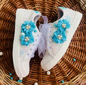 FUNKY N TRENDY blue floral hand work sneakers for brides / bridesmaids/ sky blue sneakers / blue sneakers / floral shoes / floral embroidered sneakers/ embroidered shoes