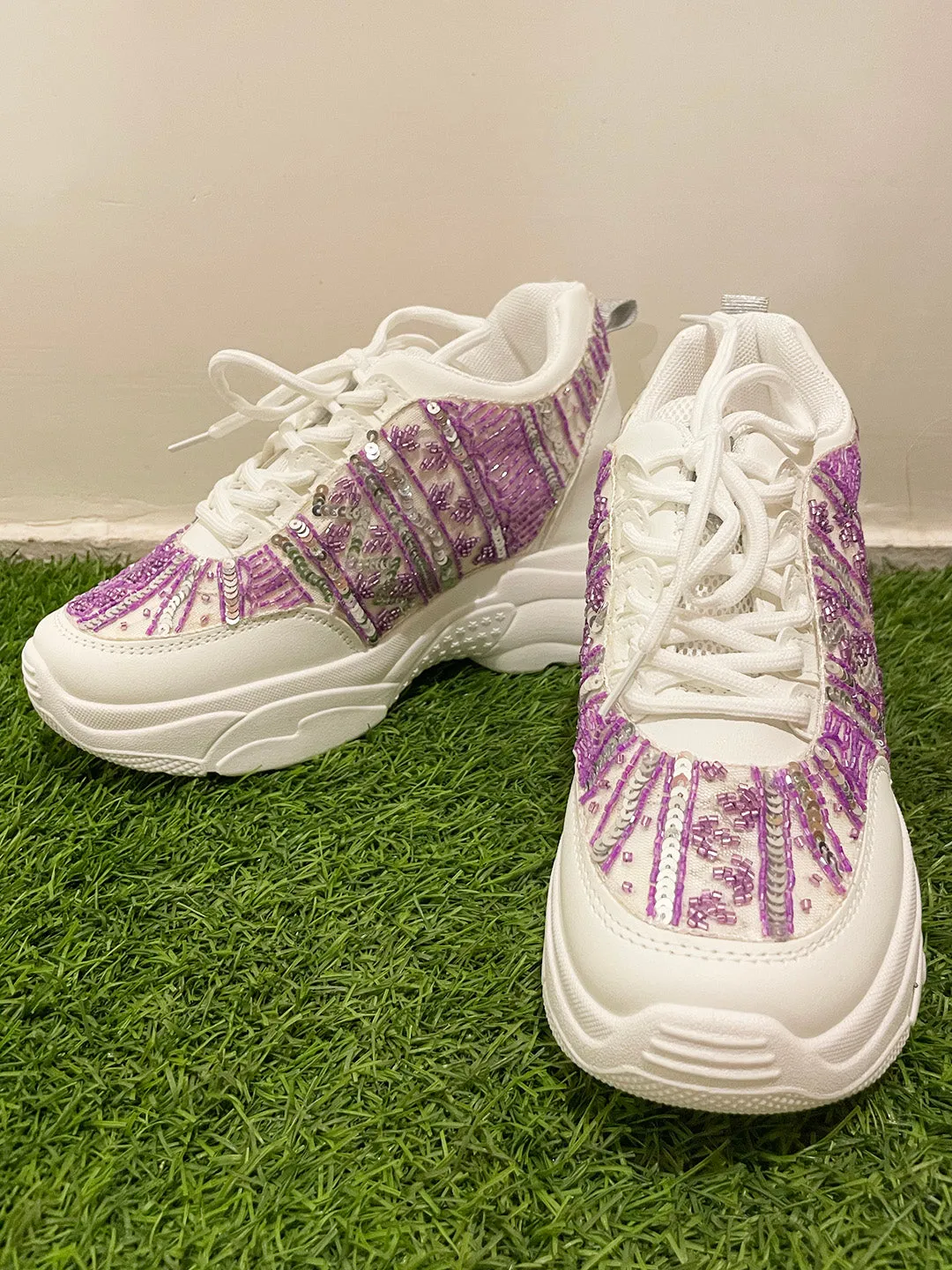 Lavender and Silver Sequins Custom Kanvas Sneakers