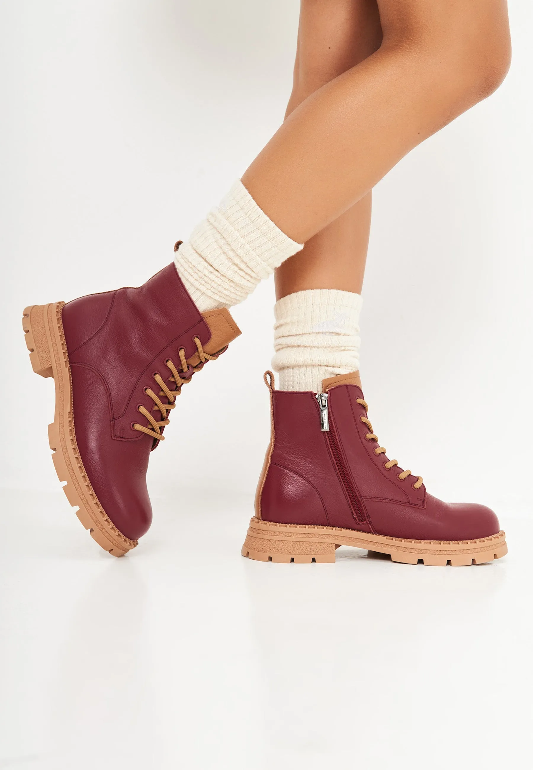 Leather Lace-up Ankle Boots - Bordeaux