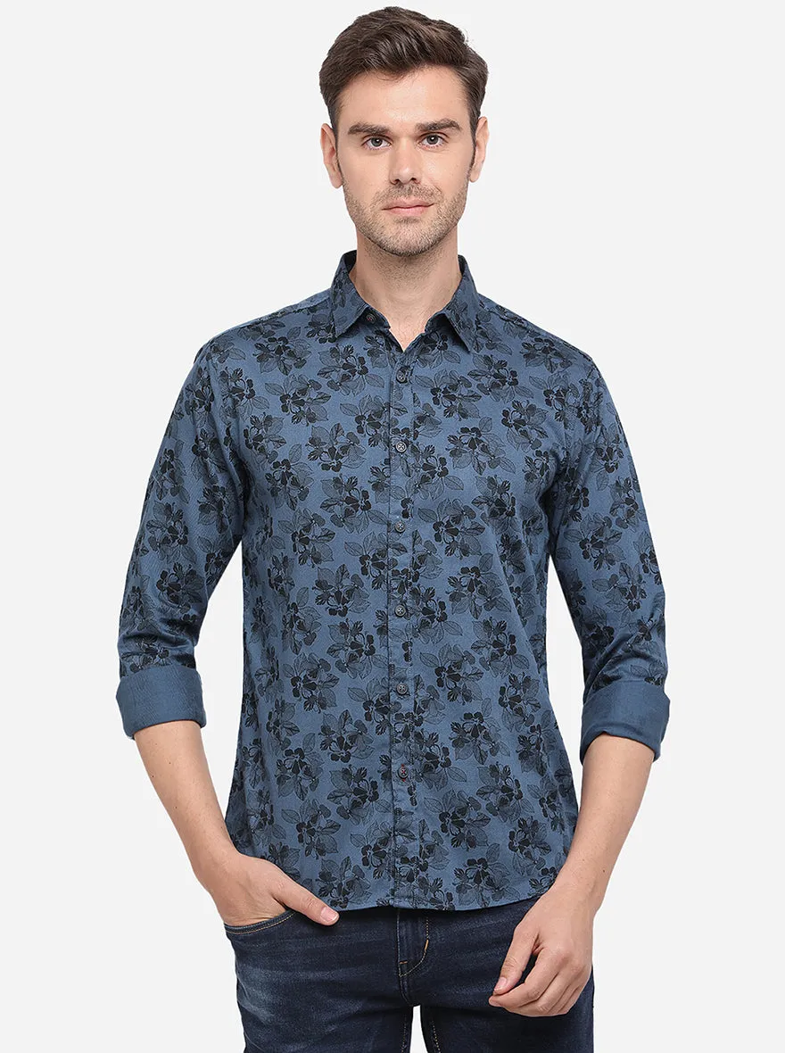 Legion Blue Printed Slim Fit Casual Shirt | Greenfibre