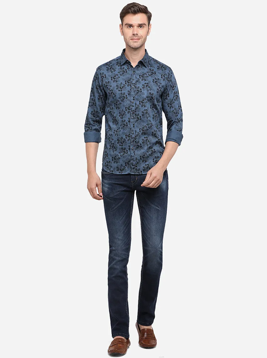 Legion Blue Printed Slim Fit Casual Shirt | Greenfibre