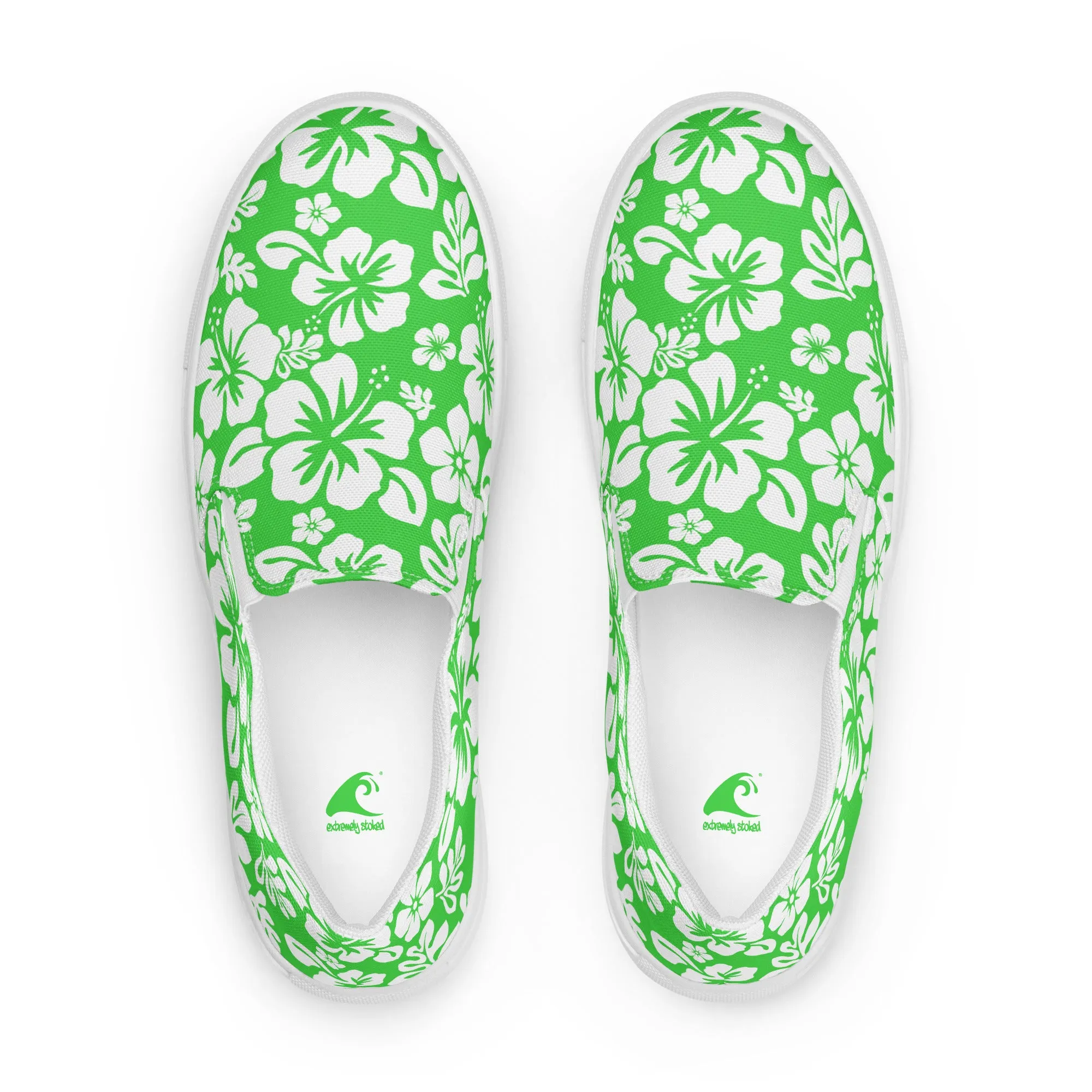 Lime and White Hawaiian Flowers Men’s Slip On Canvas Shoes