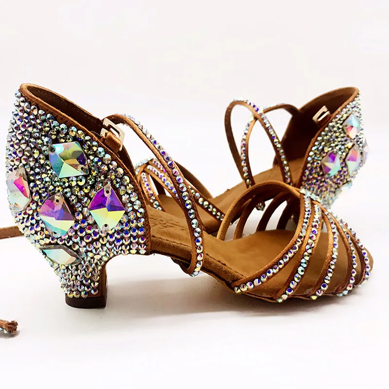 Luxury Elegant Ladies' Soft-soled Latin Shoes With Rhinestone Heels