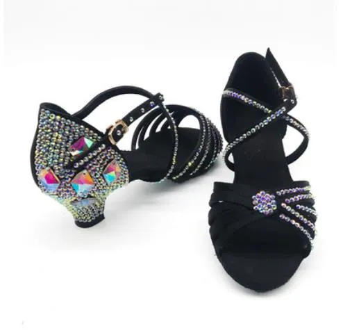 Luxury Elegant Ladies' Soft-soled Latin Shoes With Rhinestone Heels