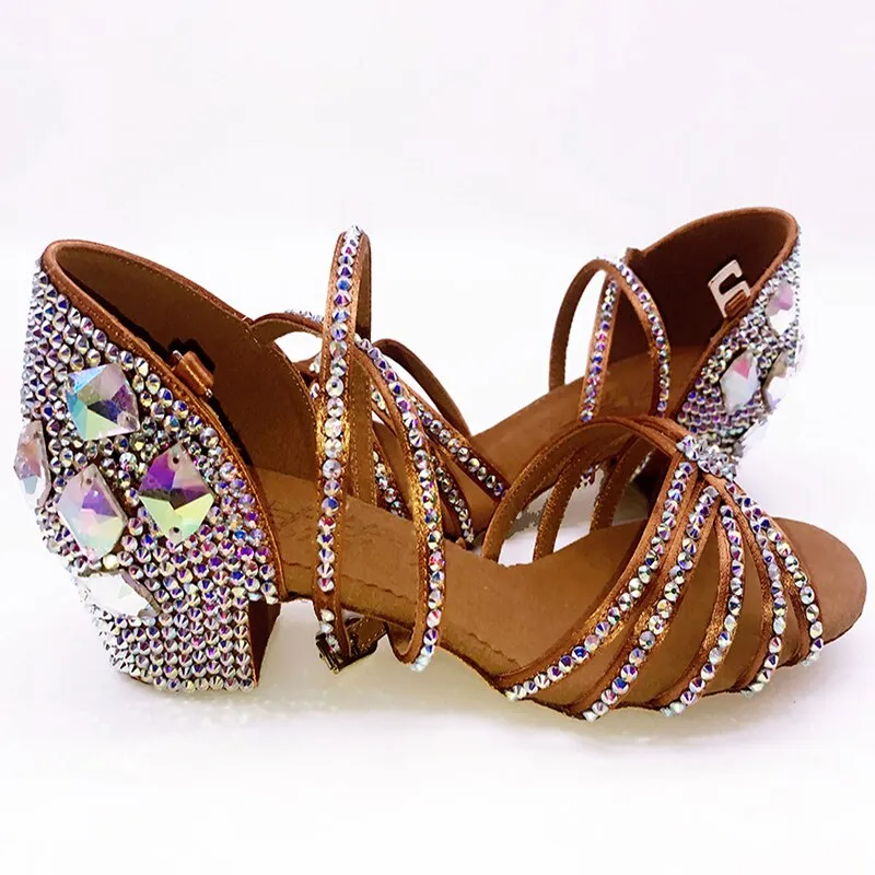 Luxury Elegant Ladies' Soft-soled Latin Shoes With Rhinestone Heels