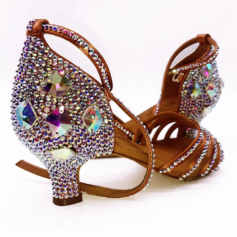 Luxury Elegant Ladies' Soft-soled Latin Shoes With Rhinestone Heels