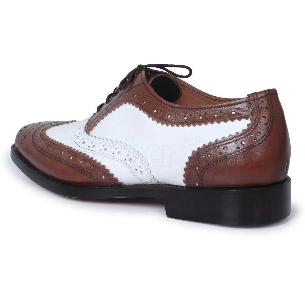 Men Brown White Two Tone Oxford Brogue Wingtip Genuine Leather Shoes