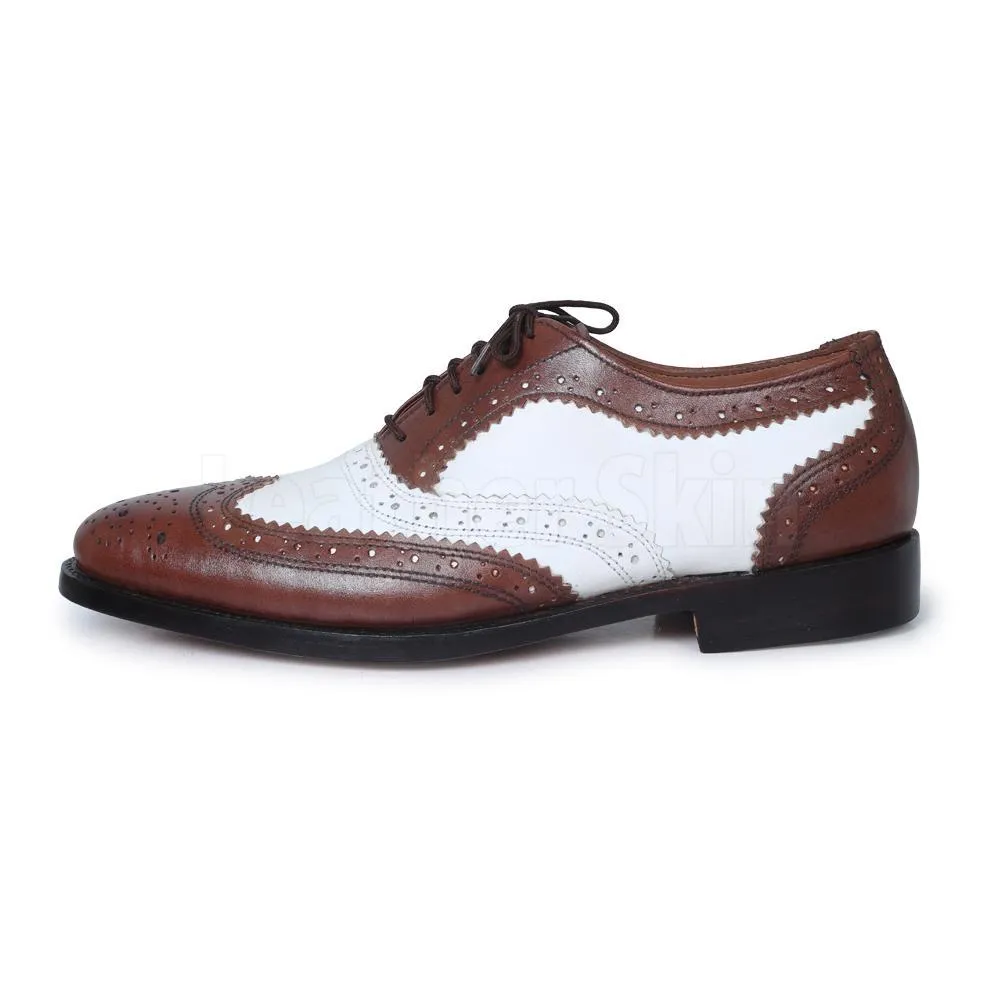 Men Brown White Two Tone Oxford Brogue Wingtip Genuine Leather Shoes