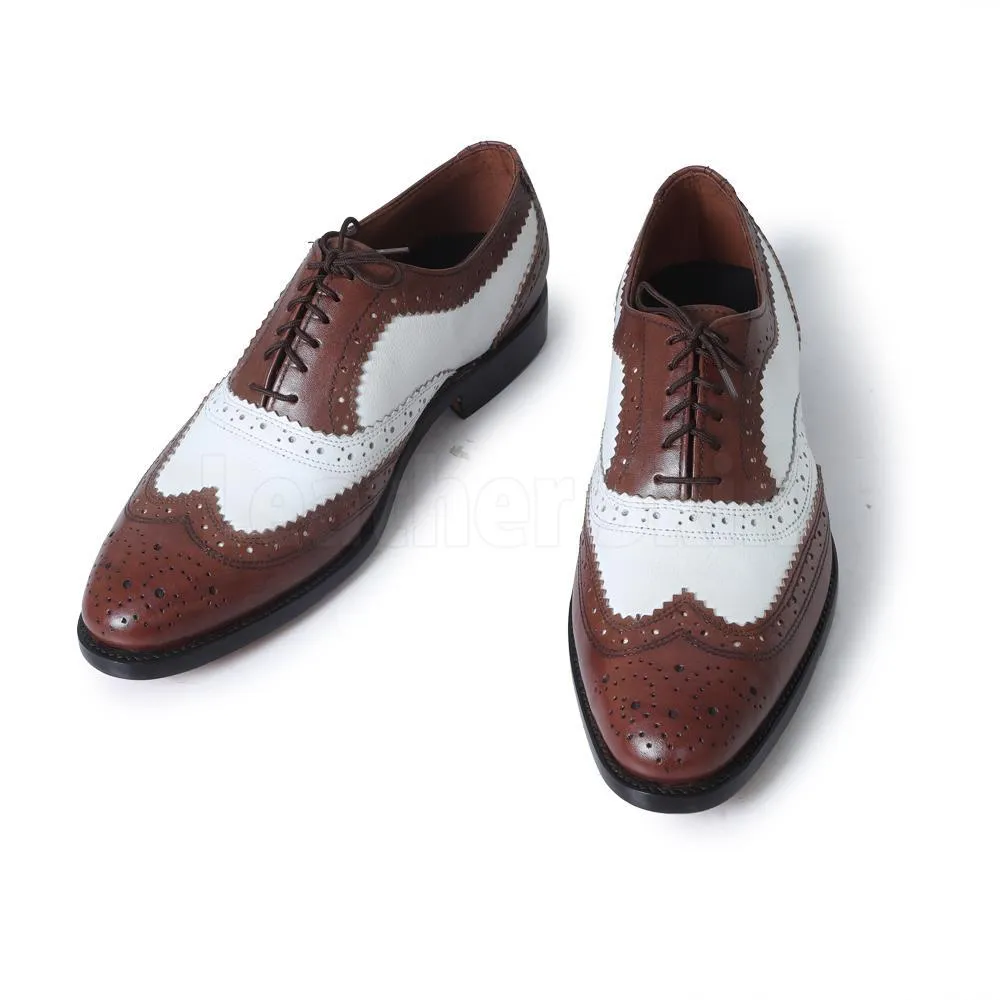 Men Brown White Two Tone Oxford Brogue Wingtip Genuine Leather Shoes