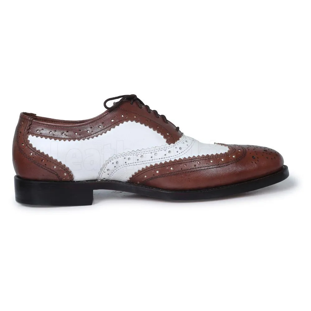 Men Brown White Two Tone Oxford Brogue Wingtip Genuine Leather Shoes