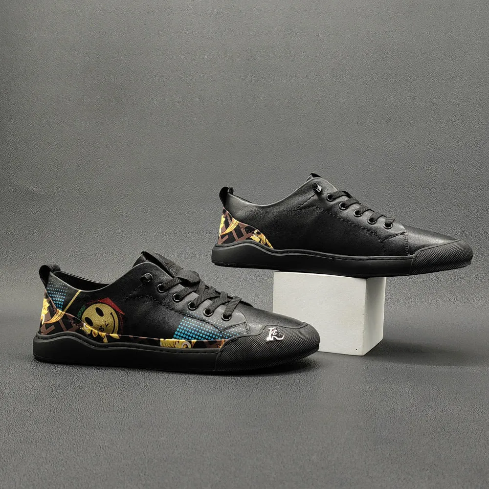 Men Fashion Print Leather Casual Flat Sneakers