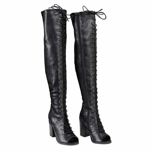 Milwaukee Leather MBL9421 Women's Black Lace-Up Knee-High Fashion Casual Boots with Open Toe