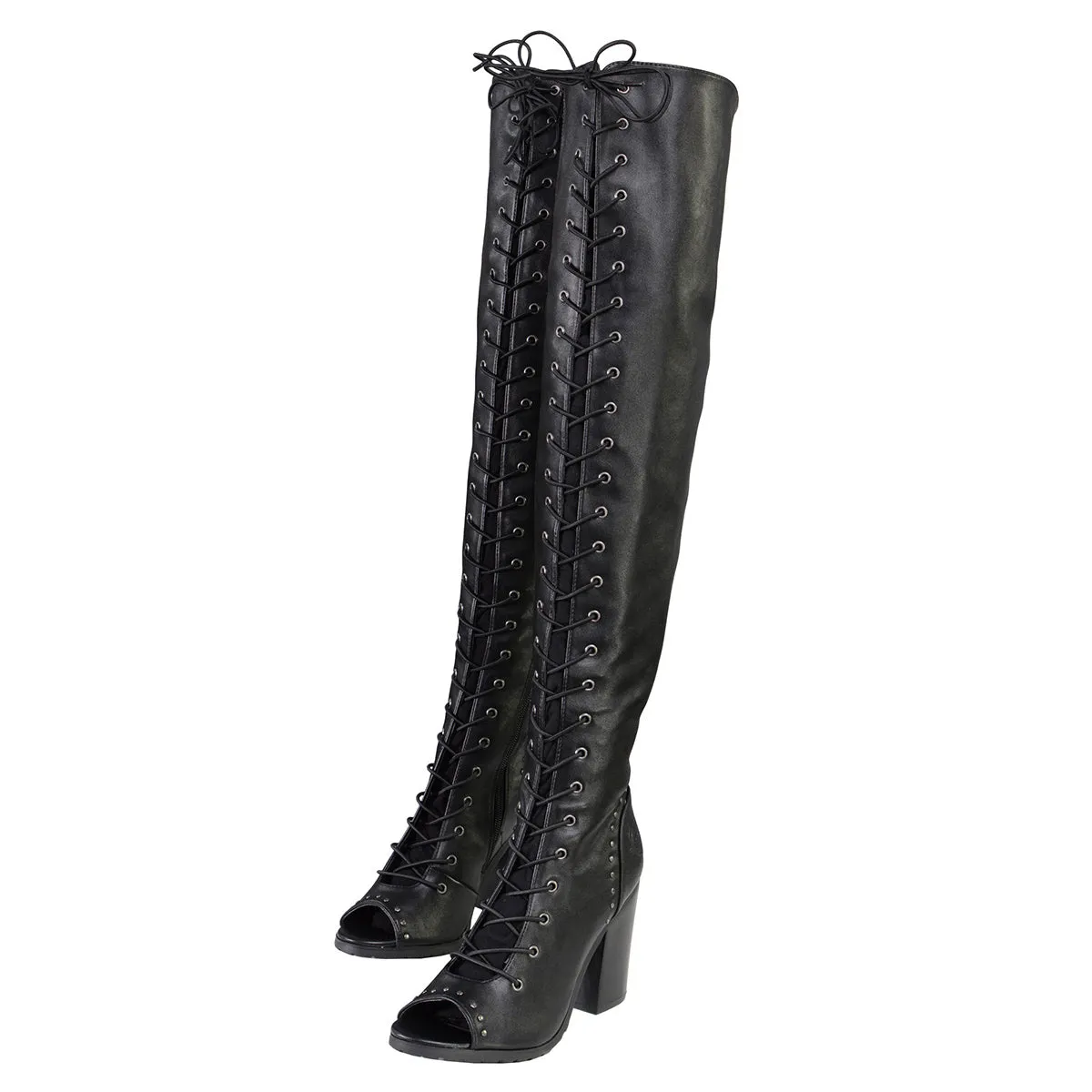 Milwaukee Leather MBL9421 Women's Black Lace-Up Knee-High Fashion Casual Boots with Open Toe