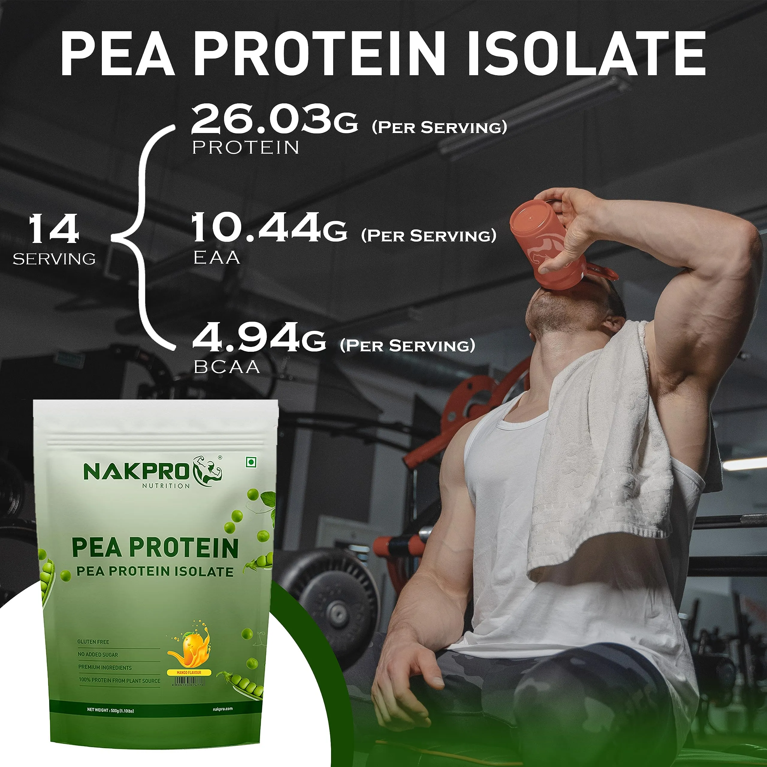 NAKPRO 100% Pea Protein Isolate | 26.03g Protein, 4.94g BCAA | Plant-Based Vegan Protein Powder | Added Minerals, Non GMOs & Vegan Friendly for Muscle Gain and Recovery (Mango, 500g)