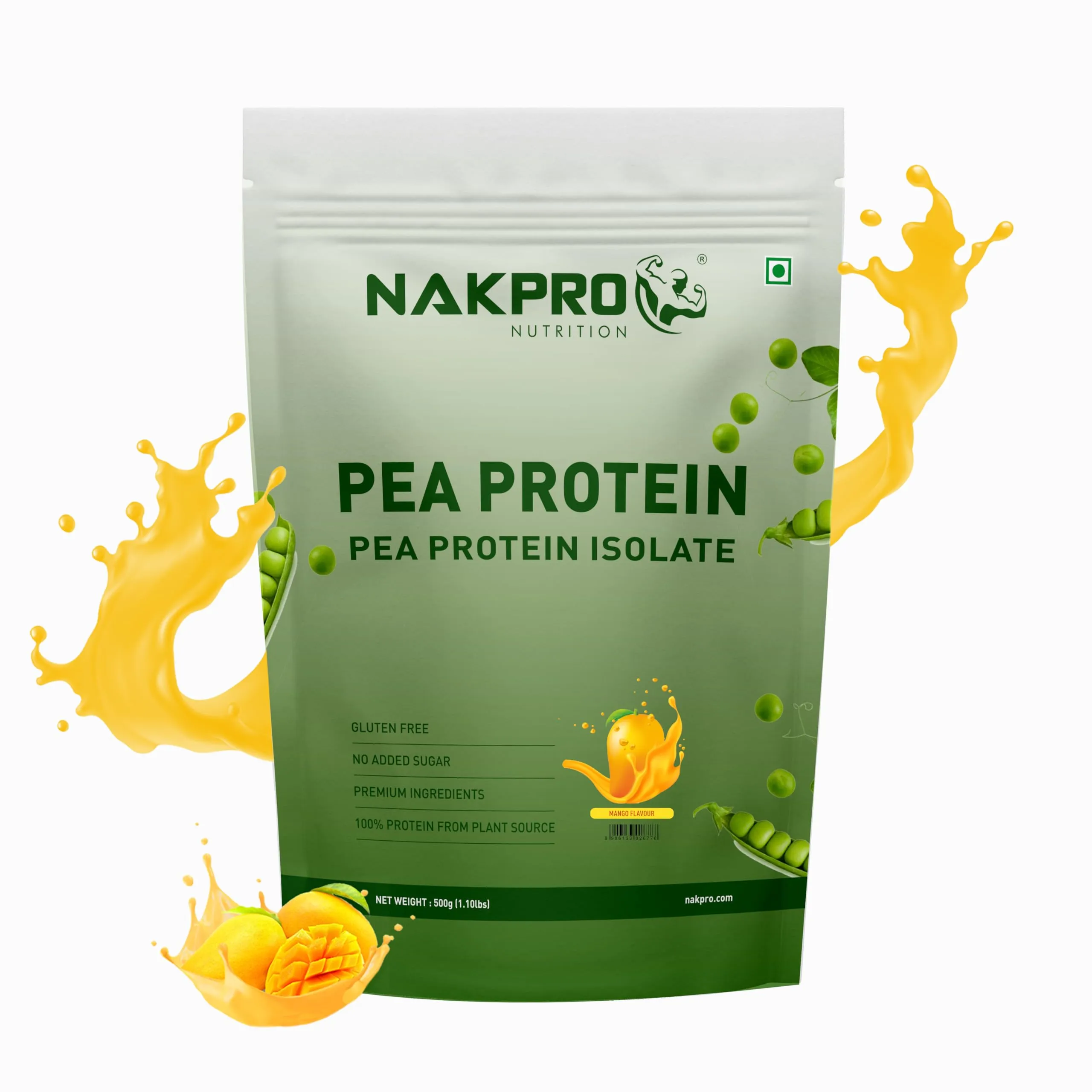 NAKPRO 100% Pea Protein Isolate | 26.03g Protein, 4.94g BCAA | Plant-Based Vegan Protein Powder | Added Minerals, Non GMOs & Vegan Friendly for Muscle Gain and Recovery (Mango, 500g)