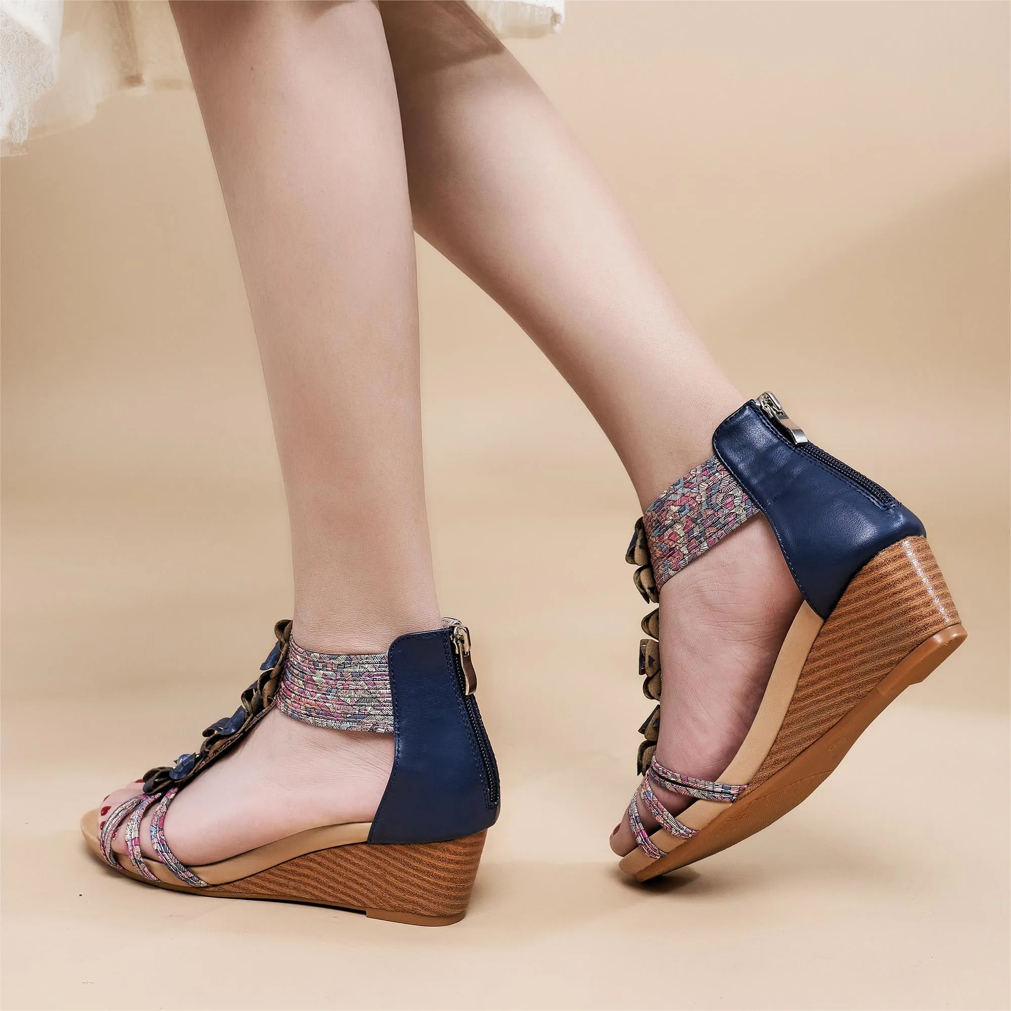 【No.11】Wedges for Women Sandals Shoes with Zipper Ankle Open Toe Low Wedge Sandals Women Summer Dress Shoes Bohemia Fashion Beach Shoes