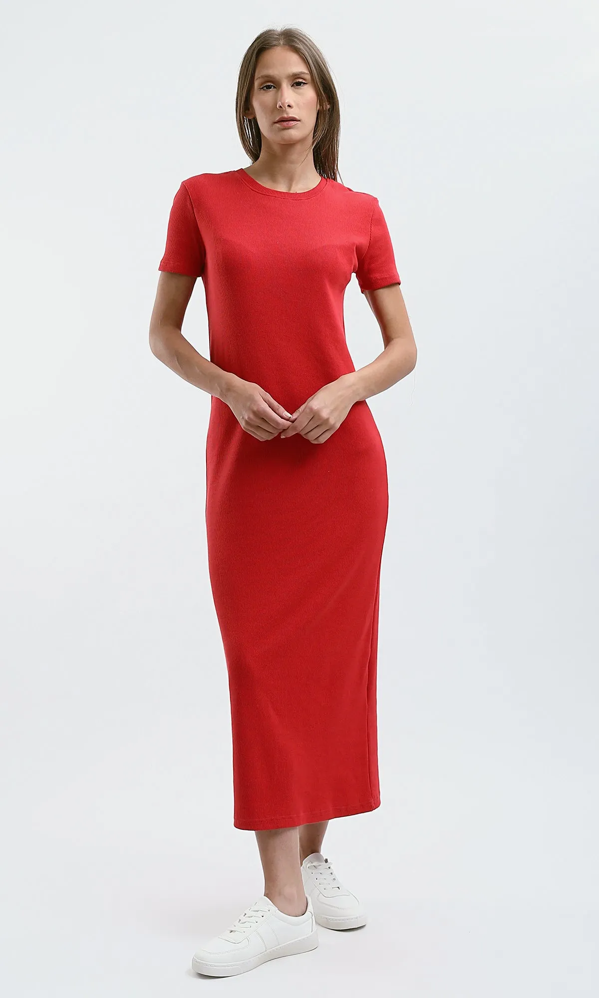 O189713 Slip On Ribbed Casual Red Ribbed Midi Dress