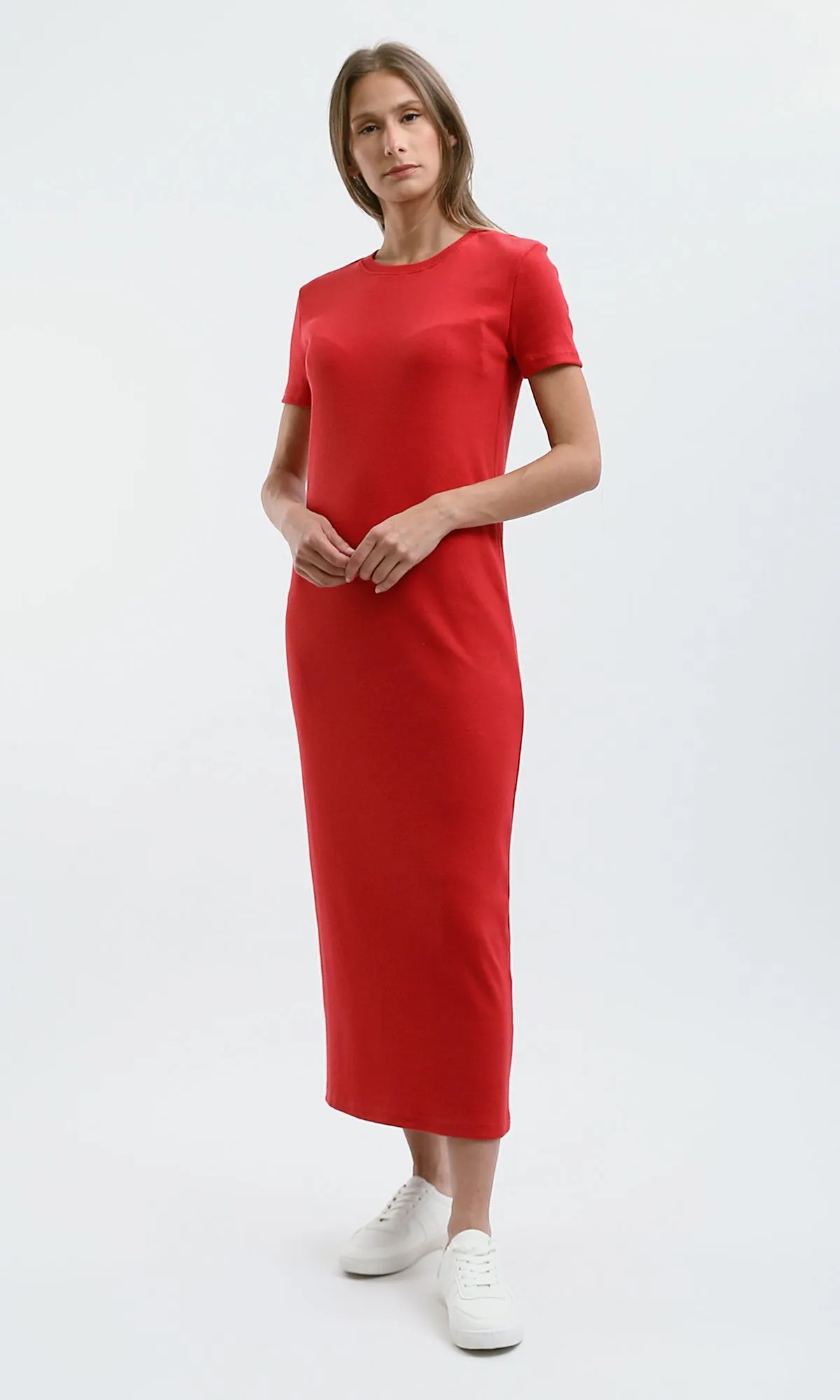 O189713 Slip On Ribbed Casual Red Ribbed Midi Dress