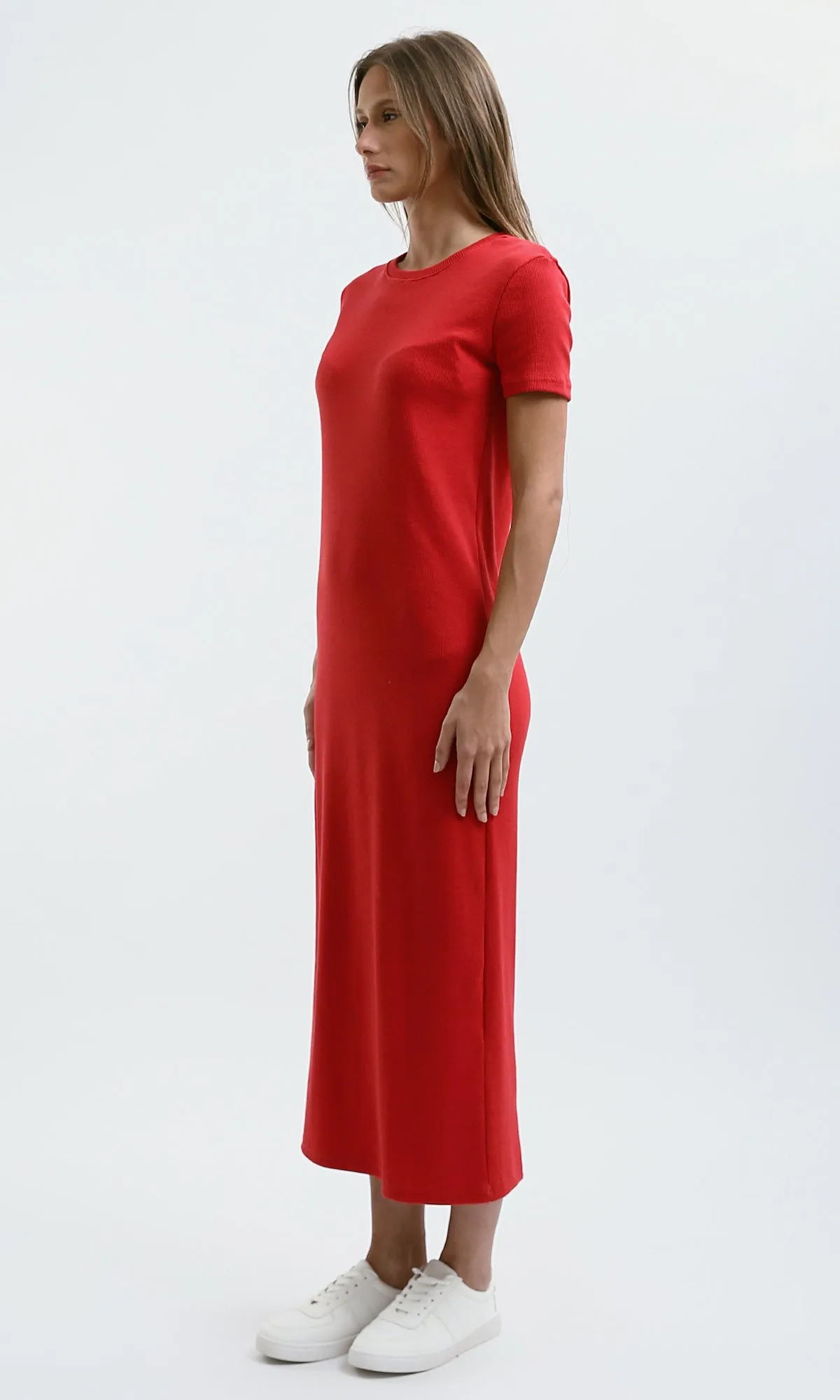 O189713 Slip On Ribbed Casual Red Ribbed Midi Dress