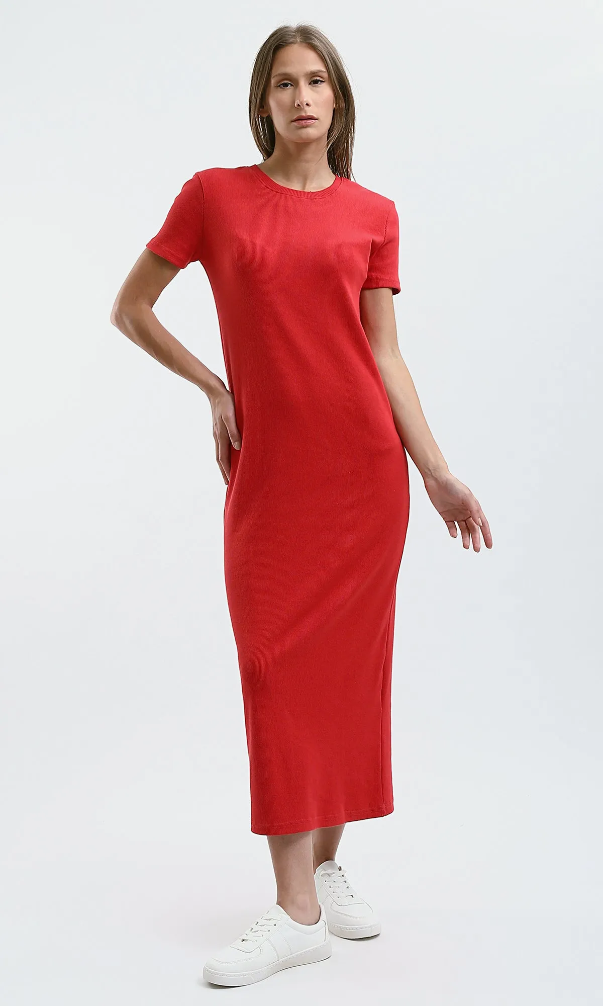 O189713 Slip On Ribbed Casual Red Ribbed Midi Dress