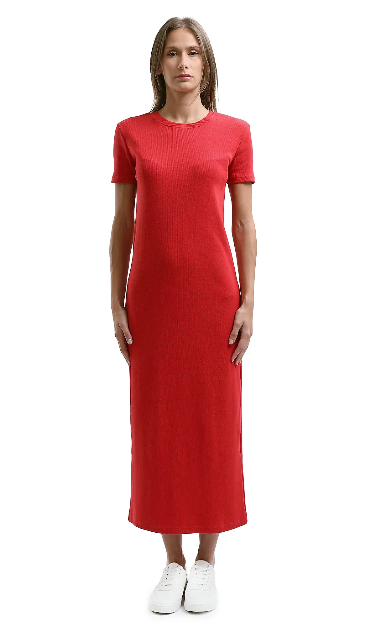 O189713 Slip On Ribbed Casual Red Ribbed Midi Dress